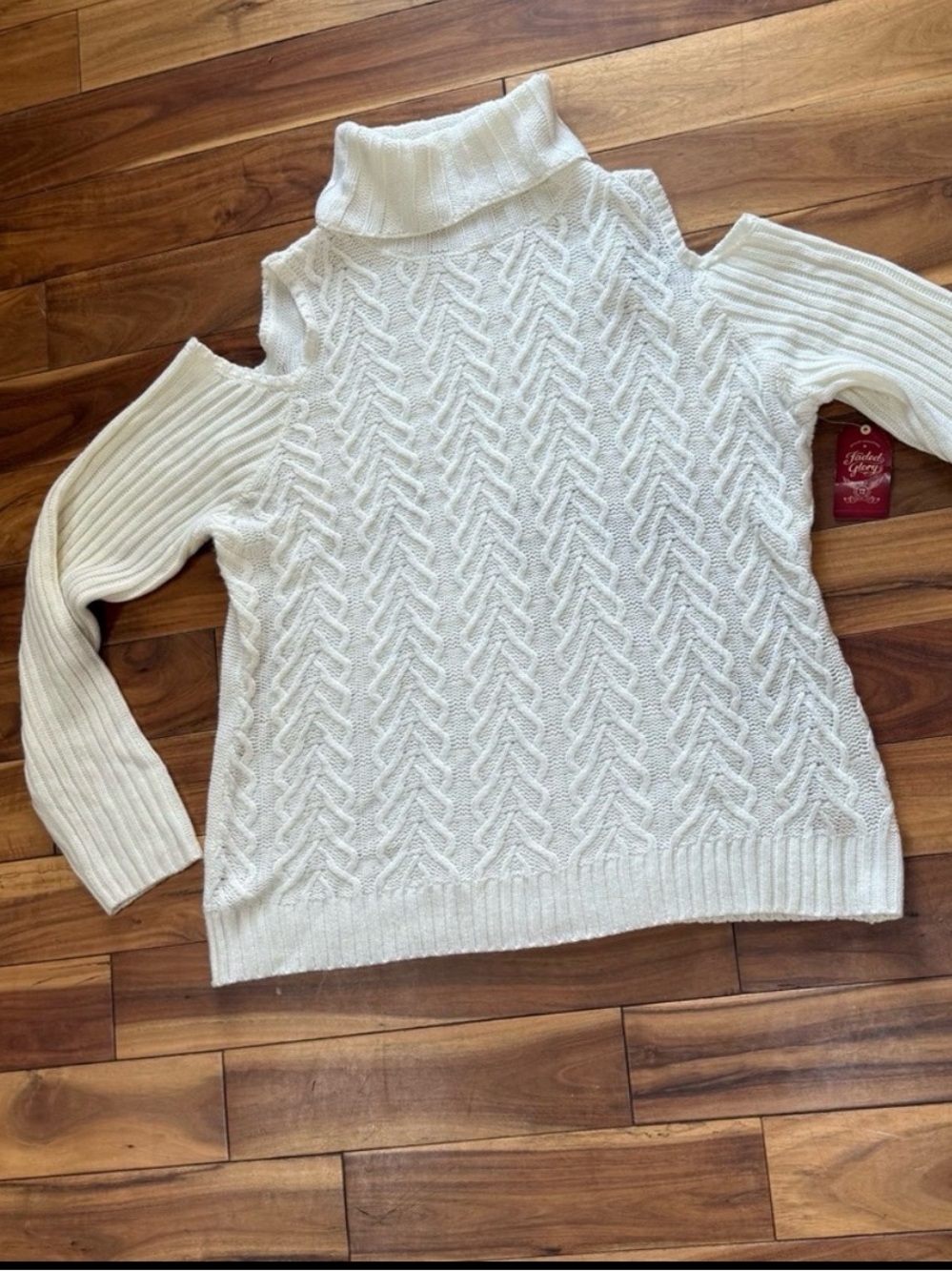 New Faded Glory creamy White Cable Knit Cold-Shoulder Turtleneck Sweater